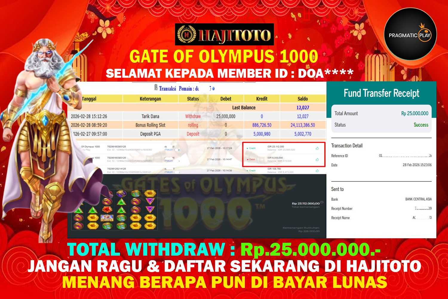 SELAMAT KEPADA PEMENANG MEMBER MERAIH JACKPOT DI GAME GATE OF OLYMPUS 1000 TOTAL RP 25.000.000 DI BAYAR LUNAS
